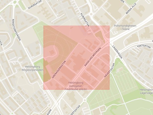Karta som med röd fyrkant ramar in Grenadjärgatan, Helsingborg, Skåne län