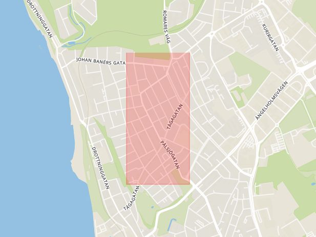 Karta som med röd fyrkant ramar in Pålsjögatan, Helsingborg, Skåne län