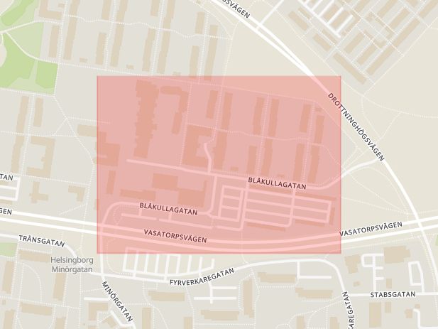 Karta som med röd fyrkant ramar in Drottninghög, Blåkullagatan, Helsingborg, Skåne län