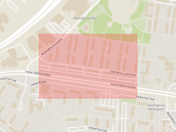 Karta som med röd fyrkant ramar in Grönkullagatan, Helsingborg, Skåne län