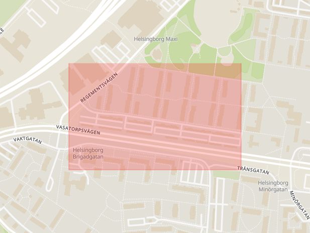 Karta som med röd fyrkant ramar in Grönkullagatan, Helsingborg, Skåne län