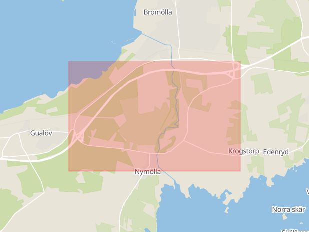 Karta som med röd fyrkant ramar in Nymöllavägen, Nymölla, Bromölla, Skåne län