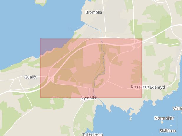 Karta som med röd fyrkant ramar in Nymölla, Nymöllavägen, Bromölla, Skåne län
