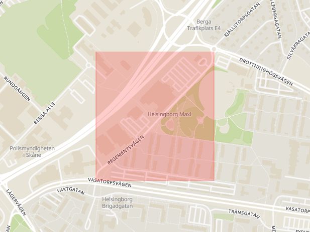 Karta som med röd fyrkant ramar in Regementsvägen, Helsingborg, Skåne län