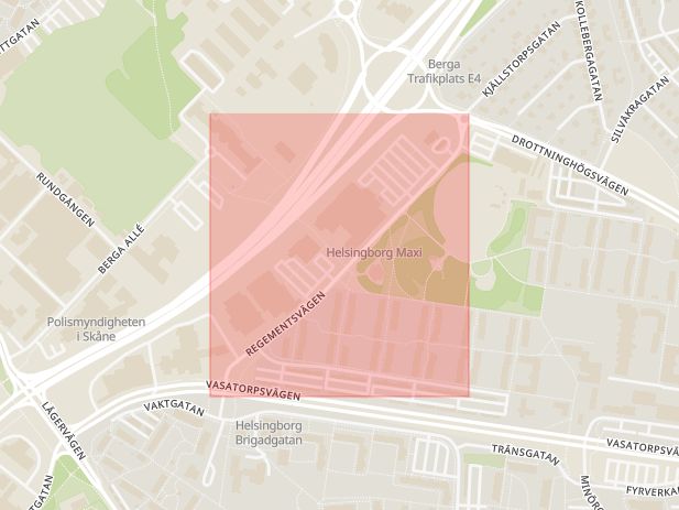 Karta som med röd fyrkant ramar in Drottninghög, Regementsvägen, Helsingborg, Skåne län