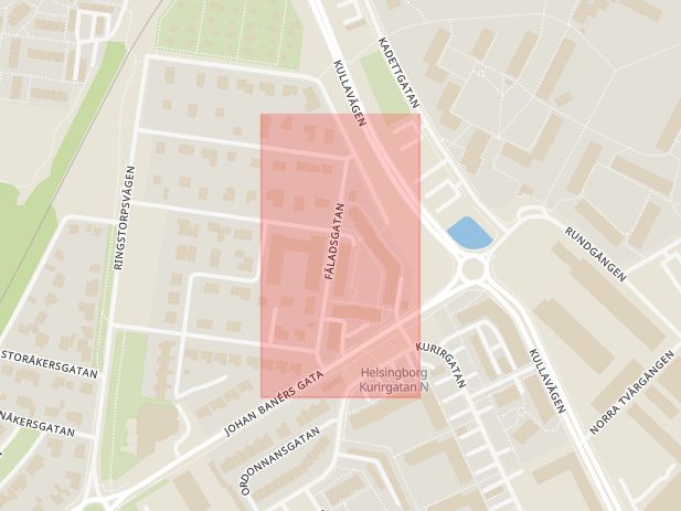 Karta som med röd fyrkant ramar in Fäladsgatan, Helsingborg, Skåne län