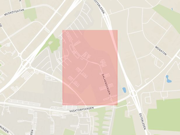 Karta som med röd fyrkant ramar in Helsingborg, Dalhemsvägen, Trelleborg, Frans Malmrosgatan, Skåne län