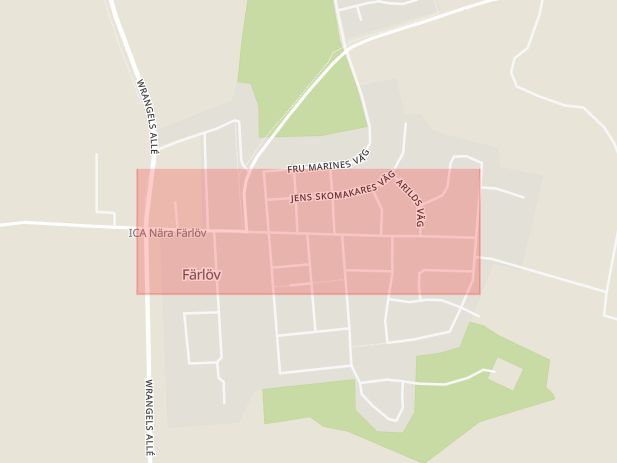 Karta som med röd fyrkant ramar in Färlöv, Hamiltons Väg, Kristianstad, Skåne län