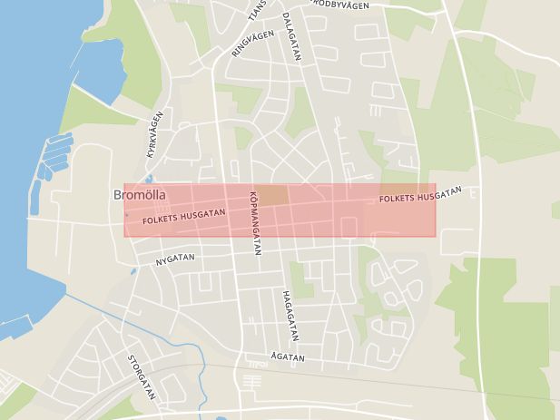 Karta som med röd fyrkant ramar in Folkets Husgatan, Bromölla, Skåne län