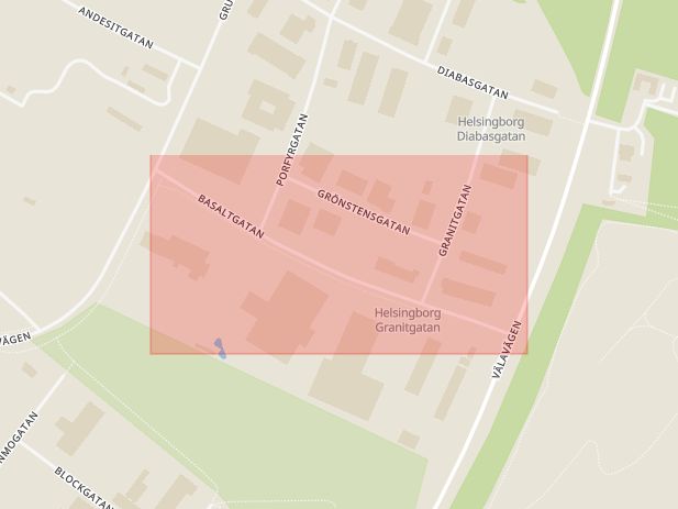 Karta som med röd fyrkant ramar in Basaltgatan, Helsingborg, Skåne län