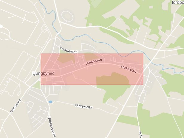Karta som med röd fyrkant ramar in Storgatan, Ljungbyhed, Klippan, Skåne län