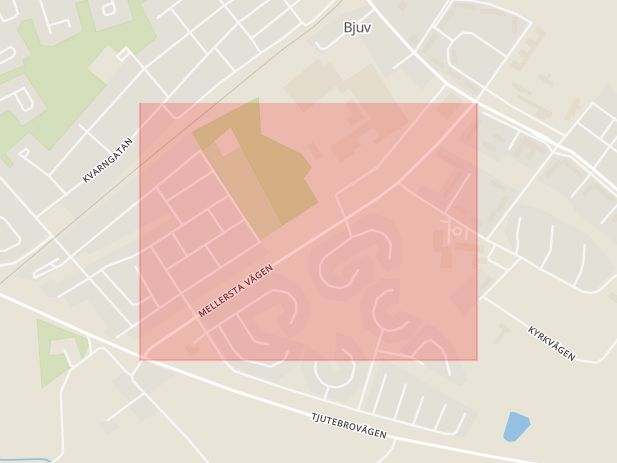 Karta som med röd fyrkant ramar in Mellersta Vägen, Hyllinge, Bjuv, Skåne län