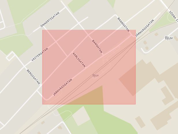 Karta som med röd fyrkant ramar in Järnvägsgatan, Bjuv, Skåne län
