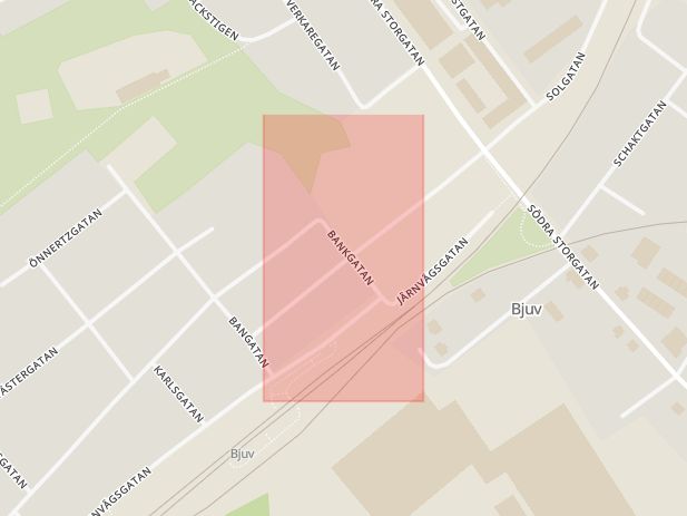 Karta som med röd fyrkant ramar in Bankgatan, Bjuv, Skåne län