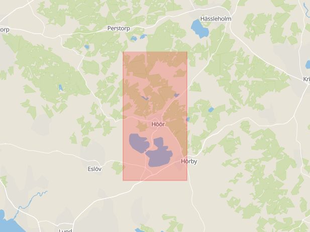 Karta som med röd fyrkant ramar in Höör, Hörby, Skåne län