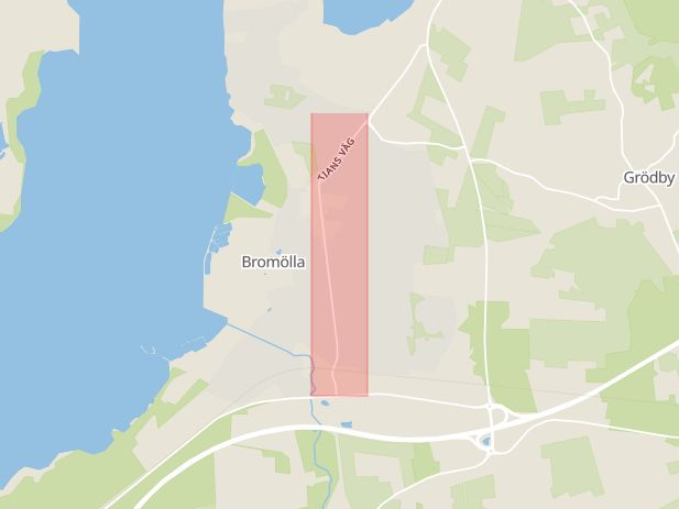Karta som med röd fyrkant ramar in Tians Väg, Bromölla, Skåne län