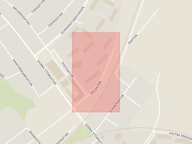 Karta som med röd fyrkant ramar in Solgatan, Bjuv, Skåne län