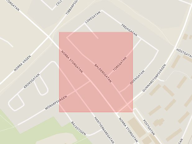 Karta som med röd fyrkant ramar in Baldersgatan, Bjuv, Skåne län