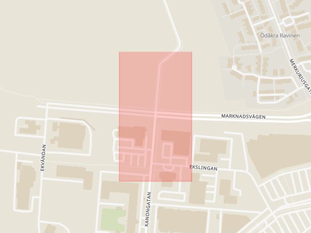 Karta som med röd fyrkant ramar in Ödåkra, Kanongatan, Marknadsvägen, Helsingborg, Skåne län