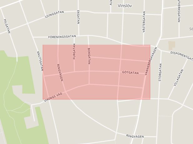 Karta som med röd fyrkant ramar in Götgatan, Hässleholm, Skåne län