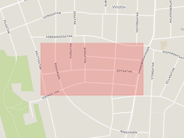Karta som med röd fyrkant ramar in Götgatan, Hässleholm, Skåne län