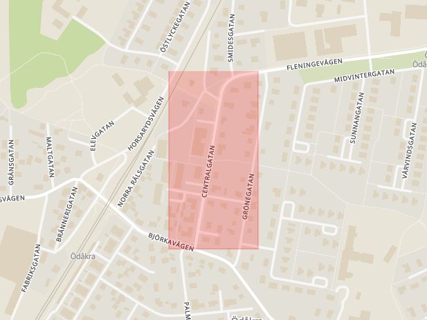 Karta som med röd fyrkant ramar in Ödåkra, Centralgatan, Helsingborg, Skåne län