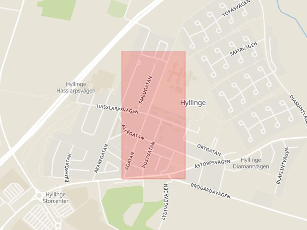 Karta som med röd fyrkant ramar in Hyllinge, Ågatan, Åstorp, Skåne län