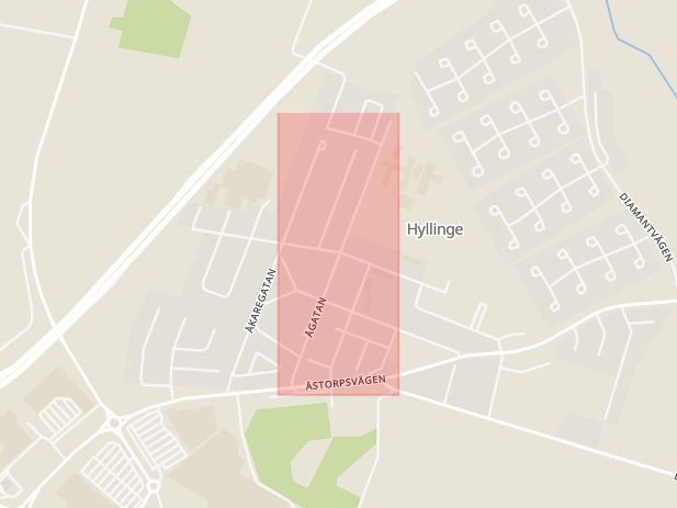 Karta som med röd fyrkant ramar in Ågatan, Hyllinge, Åstorp, Skåne län