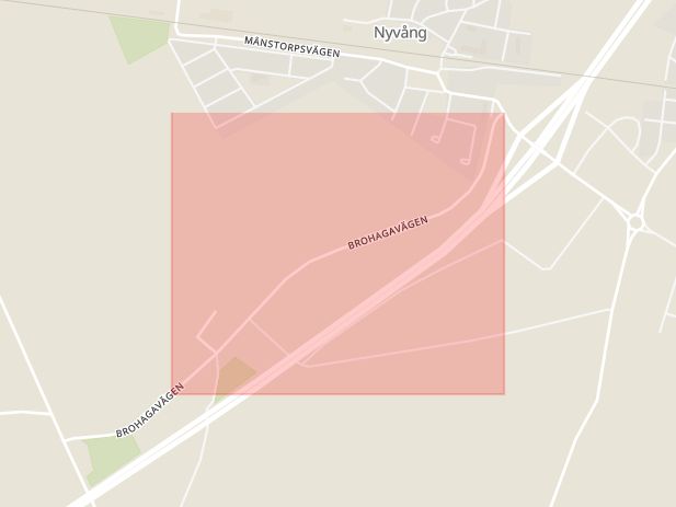 Karta som med röd fyrkant ramar in Brohagavägen, Åstorp, Skåne län