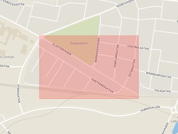 Karta som med röd fyrkant ramar in Klostervägen, Klippan, Skåne län