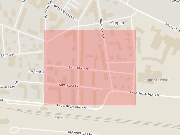 Karta som med röd fyrkant ramar in Thorsgatan, Klippan, Skåne län