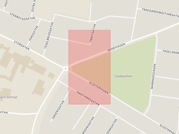 Karta som med röd fyrkant ramar in Storgatan, Vedbyvägen, Klippan, Skåne län