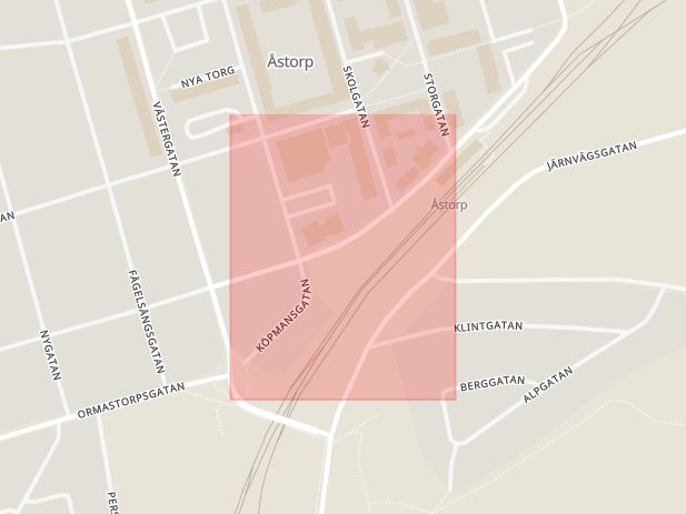Karta som med röd fyrkant ramar in Köpmansgatan, Åstorp, Skåne län
