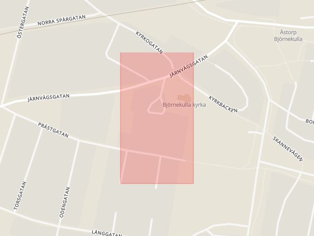 Karta som med röd fyrkant ramar in Västra Hoby, Åstorp, Skåne län