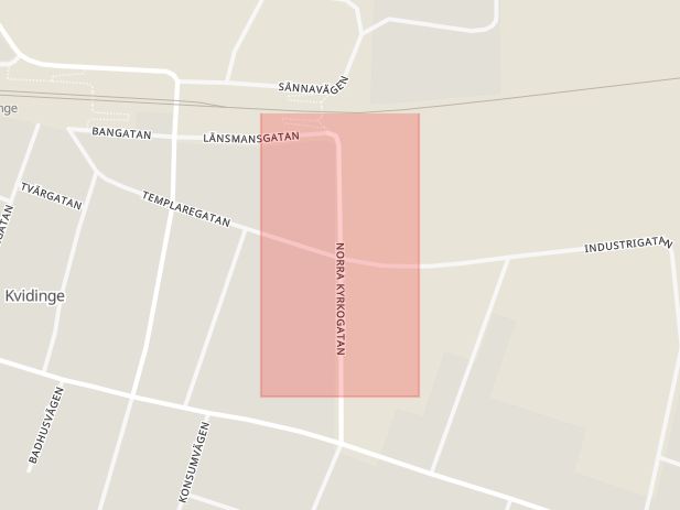 Karta som med röd fyrkant ramar in Templaregatan, Norra Kyrkogatan, Kvidinge, Åstorp, Skåne län