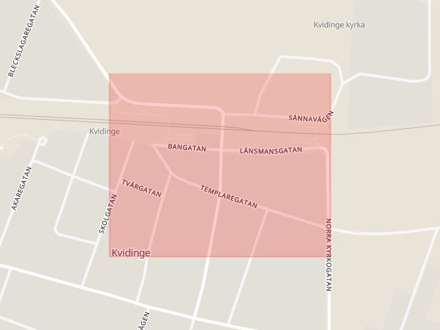 Karta som med röd fyrkant ramar in Kvidinge, Templaregatan, Åstorp, Skåne län