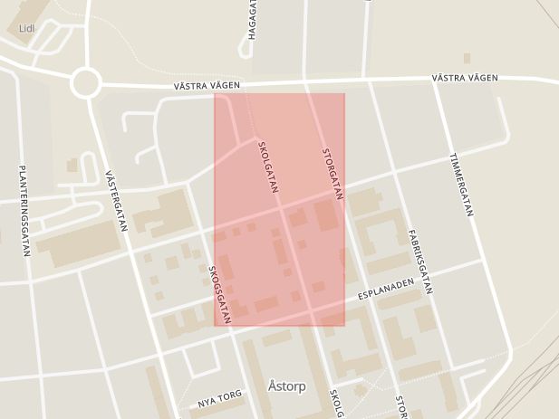 Karta som med röd fyrkant ramar in Skolgatan, Trädgårdsgatan, Åstorp, Skåne län