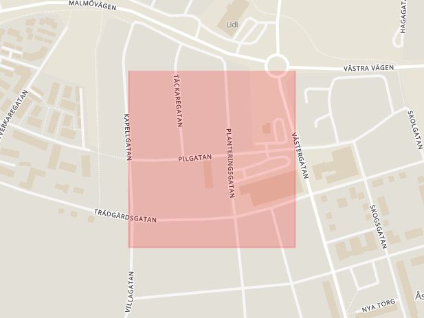 Karta som med röd fyrkant ramar in Pilgatan, Ormastorpsvägen, Åstorp, Skåne län