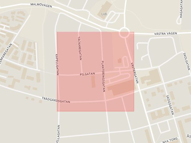 Karta som med röd fyrkant ramar in Pilgatan, Åstorp, Skåne län