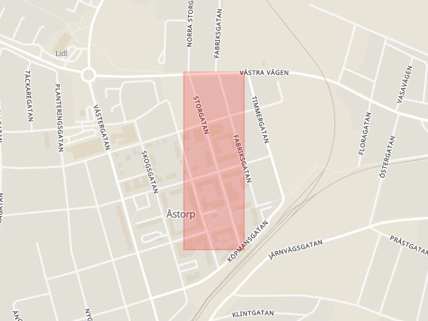 Karta som med röd fyrkant ramar in Storgatan, Åstorp, Skåne län