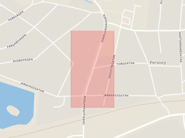 Karta som med röd fyrkant ramar in Oderljungavägen, Torggatan, Perstorp, Skåne län