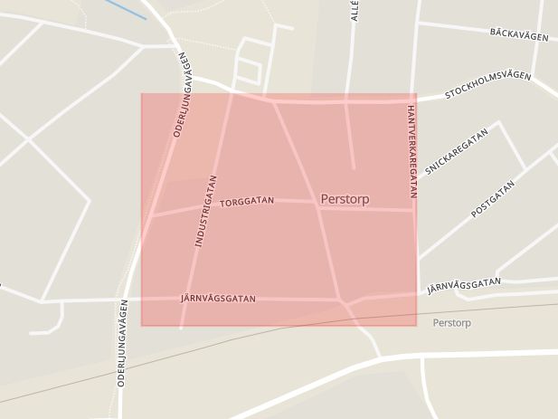 Karta som med röd fyrkant ramar in Torggatan, Perstorp, Skåne län