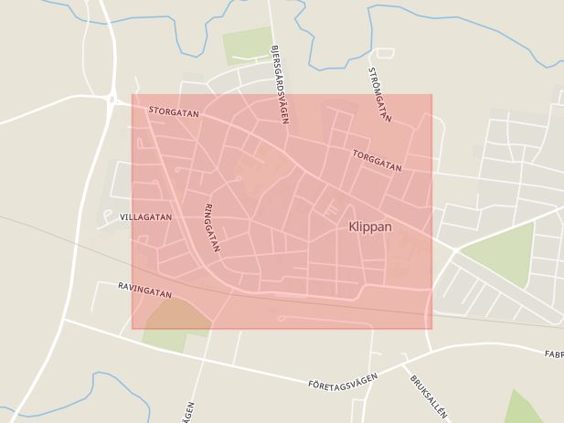 Karta som med röd fyrkant ramar in Ängelholmsgatan, Ängelholmsvägen, Klippan, Skåne län
