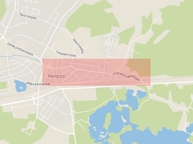 Karta som med röd fyrkant ramar in Stockholmsvägen, Perstorp, Skåne län