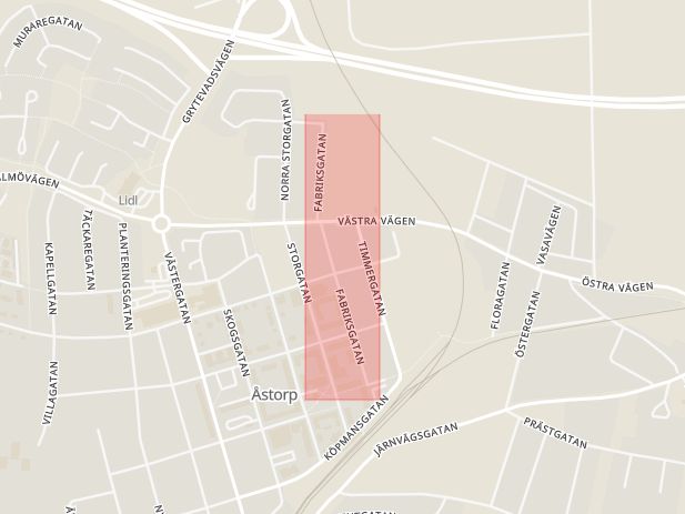 Karta som med röd fyrkant ramar in Kvidinge, Fabriksgatan, Åstorp, Skåne län