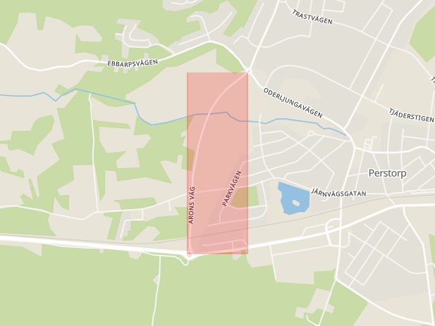 Karta som med röd fyrkant ramar in Arons Väg, Perstorp, Skåne län