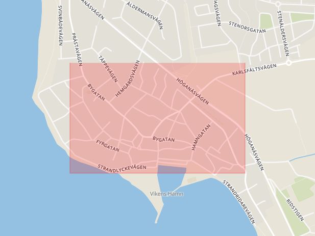 Karta som med röd fyrkant ramar in Bygatan, Höganäs, Skåne län