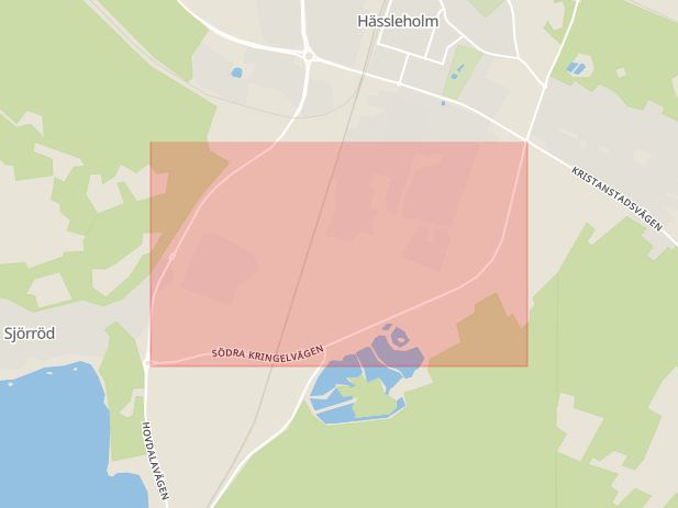 Karta som med röd fyrkant ramar in Södra Kringelvägen, Hässleholm, Skåne län