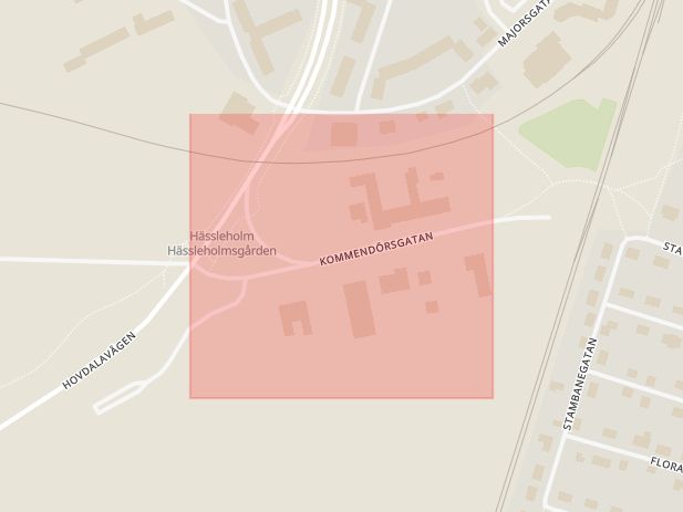 Karta som med röd fyrkant ramar in Kommendörsgatan, Hässleholm, Skåne län