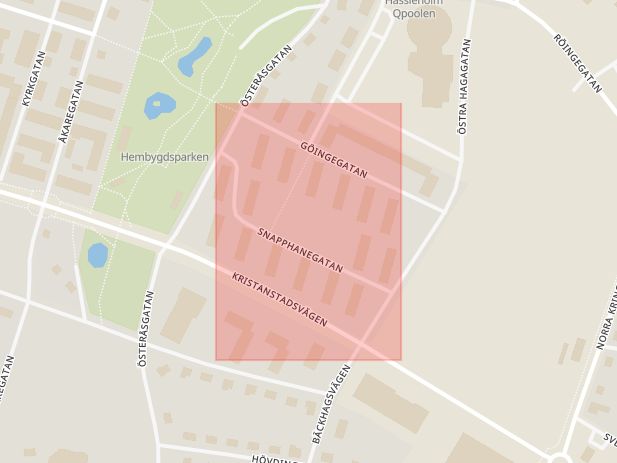 Karta som med röd fyrkant ramar in Göingegatan, Snapphanegatan, Hässleholm, Skåne län